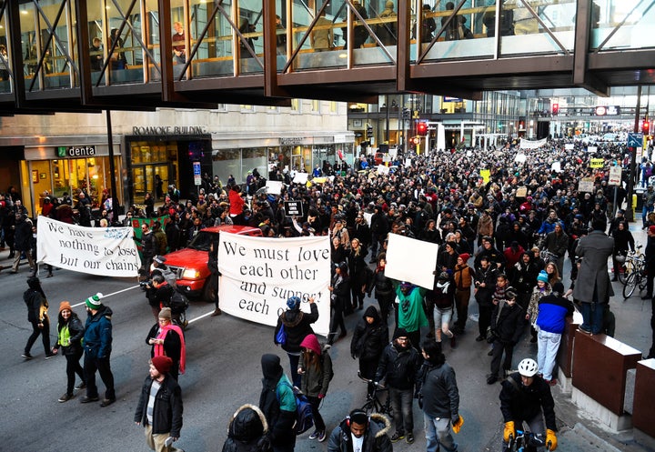 Members of the group Black Lives Matter march to City Hall during a Nov. 24, 2015, protest in Minneapolis.