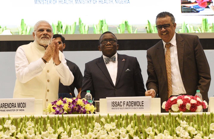 India's Prime Minister Narendra Modi, left, with Nigerian Health Minister Issac F. Adewole and World Health Organization Director General Tedros Adhanom Ghebreyesus at the launch of the TB-Free India Campaign on Tuesday in New Delhi.