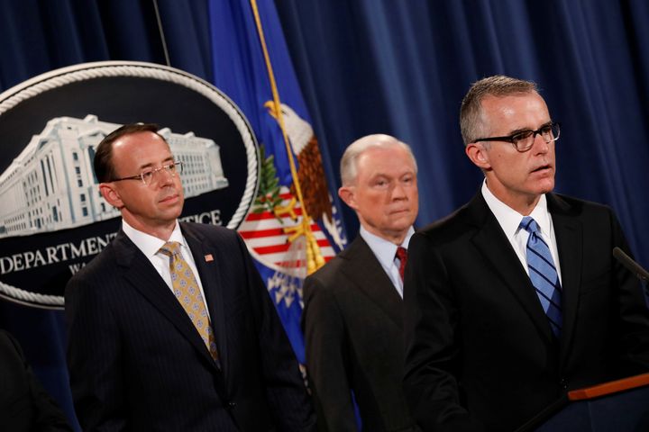 FBI acting Director Andrew McCabe speaks during a news conference, July 20, 2017. 
