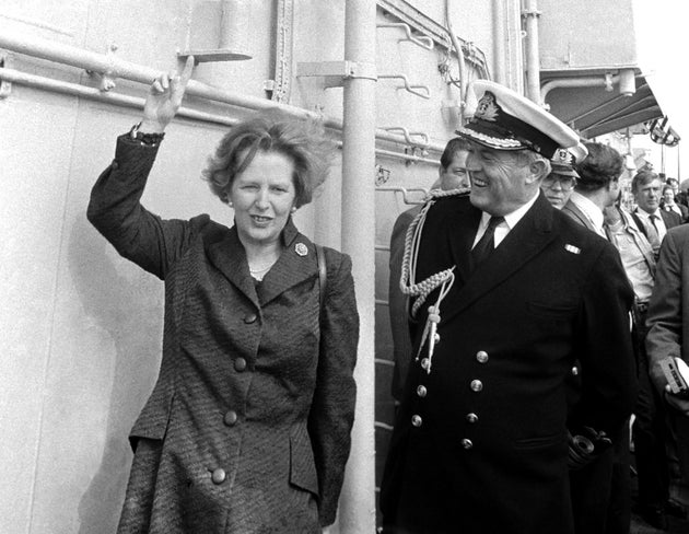 Margaret Thatcher aboard HMS Hermes as it arrived back from the Falklands war.