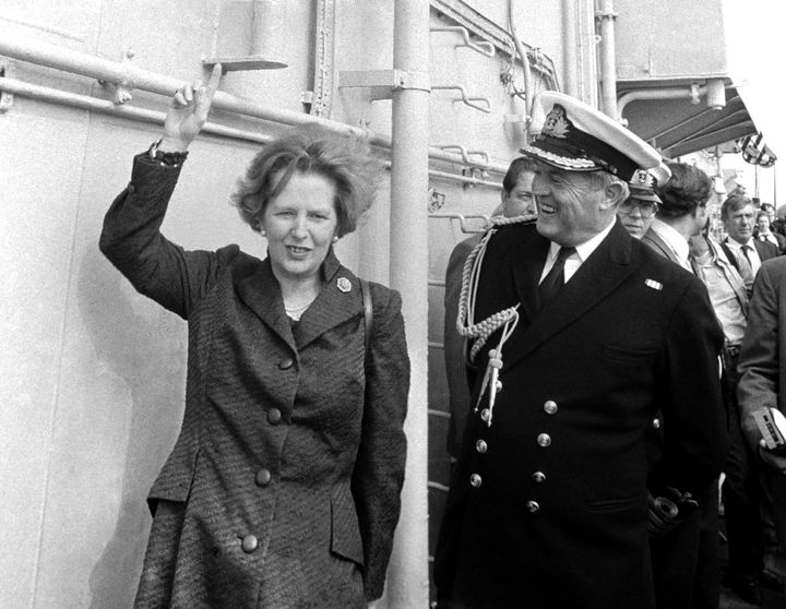Margaret Thatcher aboard HMS Hermes as it arrived back from the Falklands war.