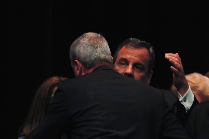 Phil Murphy greets his predecessor, Chris Christie, after taking the oath of office in Trenton on Jan. 16.