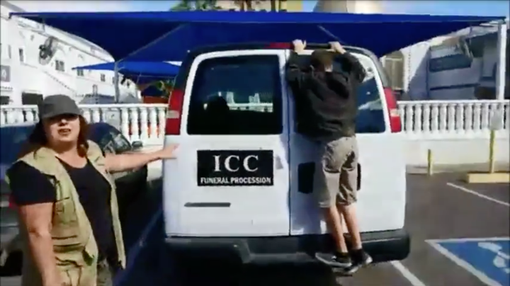 The children are shown climbing on the mosque’s funeral van as they are warned about “dead Muslims” and “sex goats.”