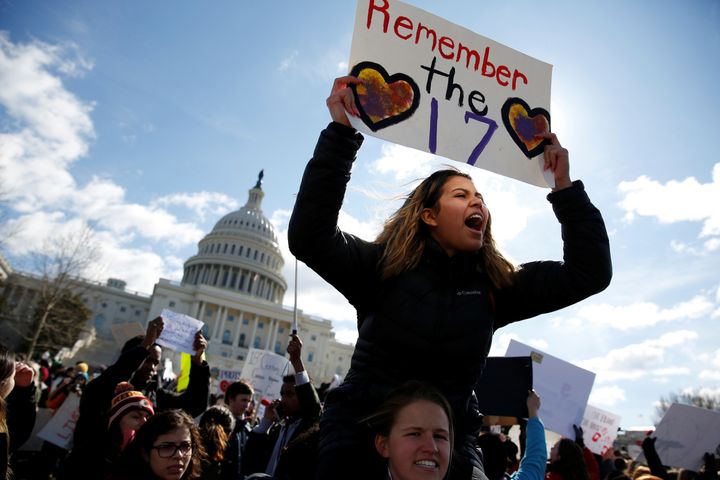 Students from Washington, D.C.-area schools protest for stricter gun control during a walkout at the U.S. Capitol on March 14, 2018. 