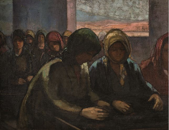 Θεόφραστος Τριανταφυλλίδης «Εργάτριες σταφίδας» (1920-25). Ελαιογραφία σε καμβά. Συλλογή της Τράπεζας της Ελλάδος