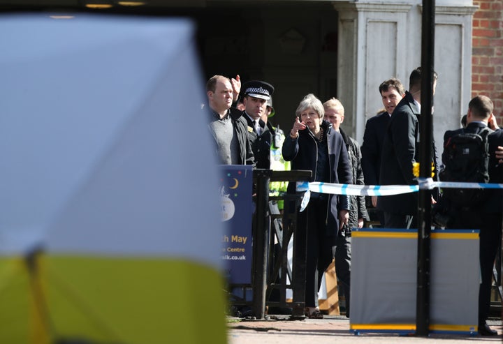 Prime Minister Theresa May in Salisbury as she views the area of the suspected nerve agent attack on Russian double agent Sergei Skripal and his daughter Yulia