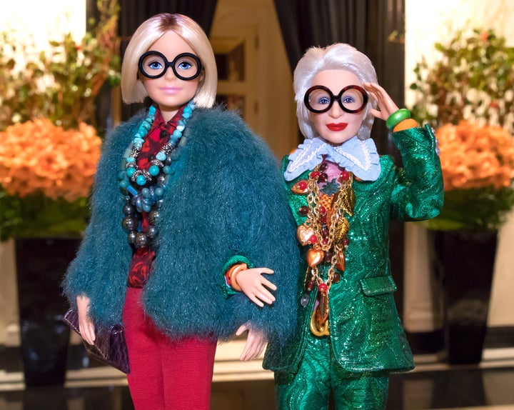 A regular Barbie (L) and Apfel's Barbie (R). 