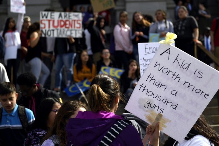 High school students at the Denver State Capitol take part in a national walkout to protest gun violence. 