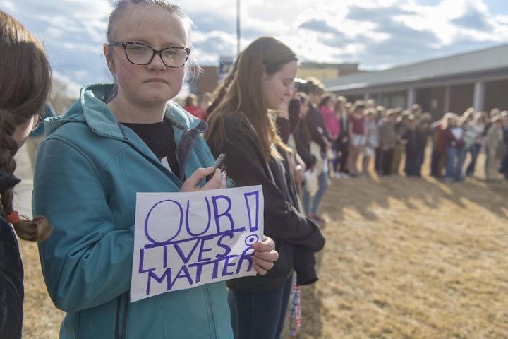 Students from Park High School and Sleeping Giant Middle School in Livingston, MT take part in a national walkout to protest gun violence. 
