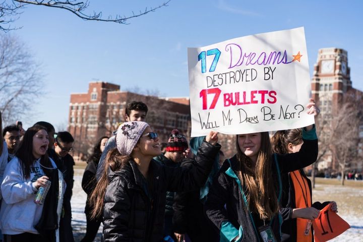 Students at Lane Technical High School in Chicago take part in a national walkout to protest gun violence. 