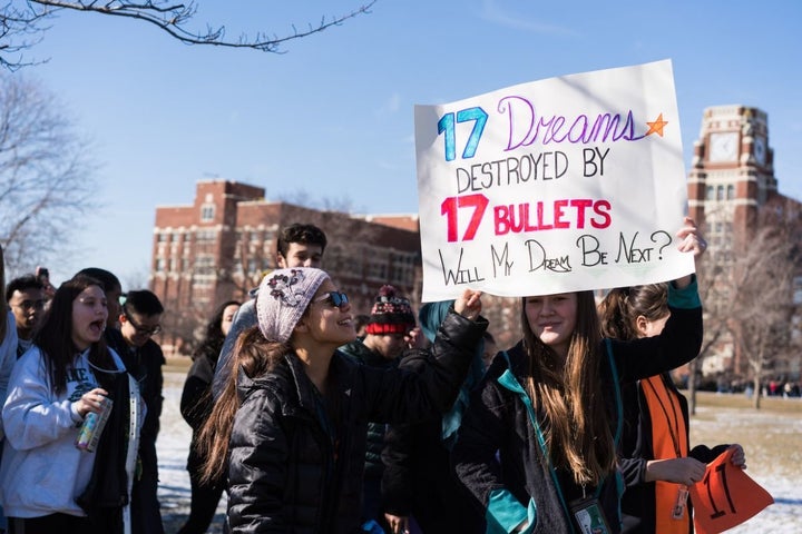 Students at Lane Technical High School in Chicago take part in a national walkout to protest gun violence. 