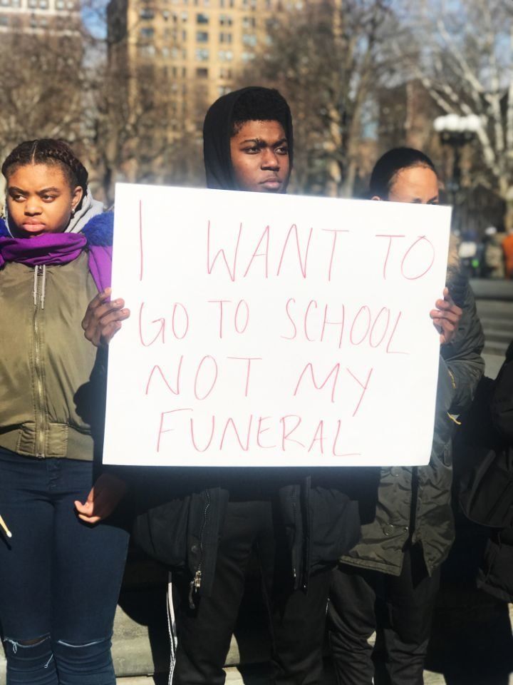 “I want to go to school not my funeral” Students in Washington Square Park, New York City, take part in a national walkout. 