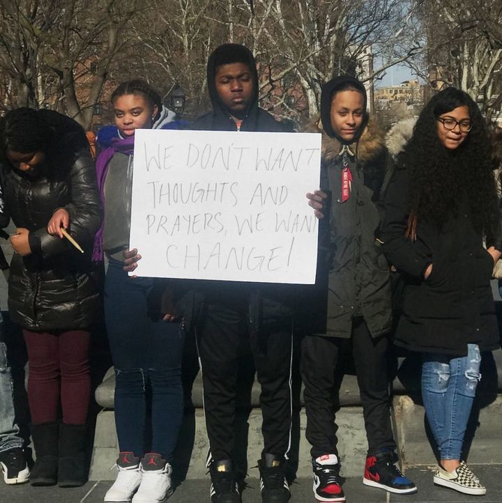 Students in Washington Square Park in New York City take part in a national walkout to protest gun violence. 