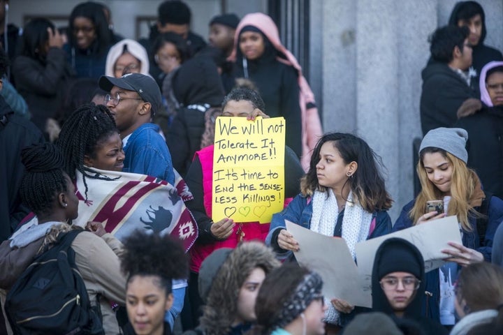 Students at Philadelphia High School of Creative and Performing Arts participate in a walkout to address school safety and gun violence in Philadelphia, Pa. 