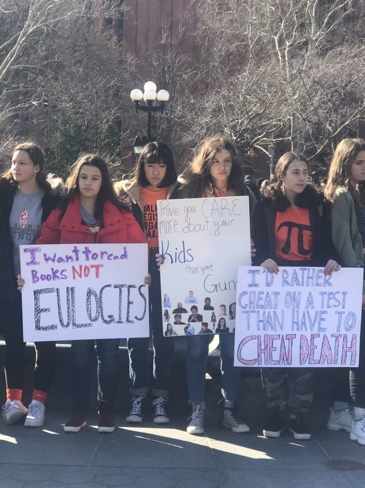 Students from Grace Church School gather in New York City’s Astor Place neighborhood to protest gun violence. 