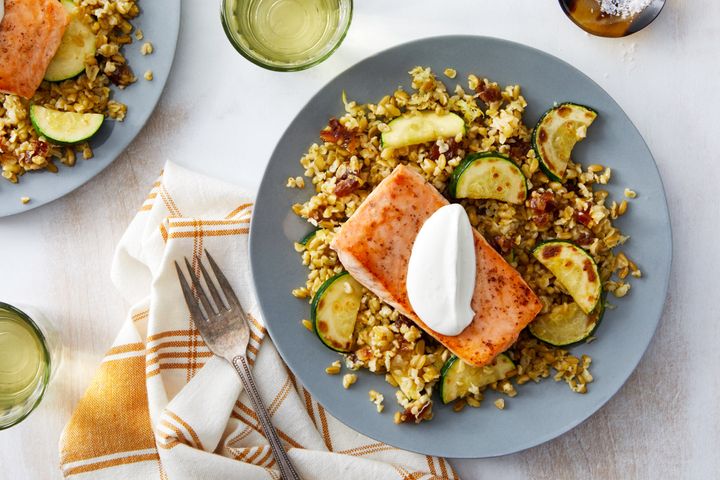 One of Blue Apron's many tasty Mediterranean recipes: seared salmon and lemon labneh with freekeh, zucchini and dates.