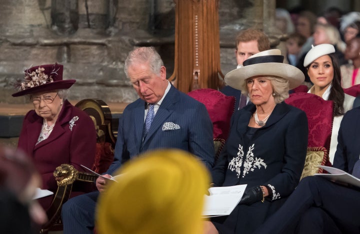 Queen Elizabeth II, Prince Charles, Camilla, Duchess of Cornwall, Prince Harry and Meghan Markle attend the Commonwealth Service at Westminster Abbey on March 12. 