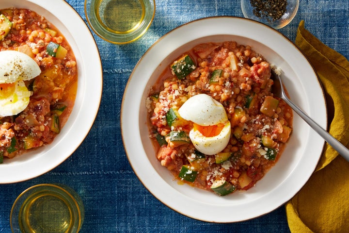 One of Blue Apron's many tasty Mediterranean recipes: fregola sarda pasta in zesty tomato sauce with fennel and goat cheese. 