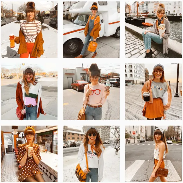 instagram feed of blogger steffy with multiple outfits featuring signature color orange 