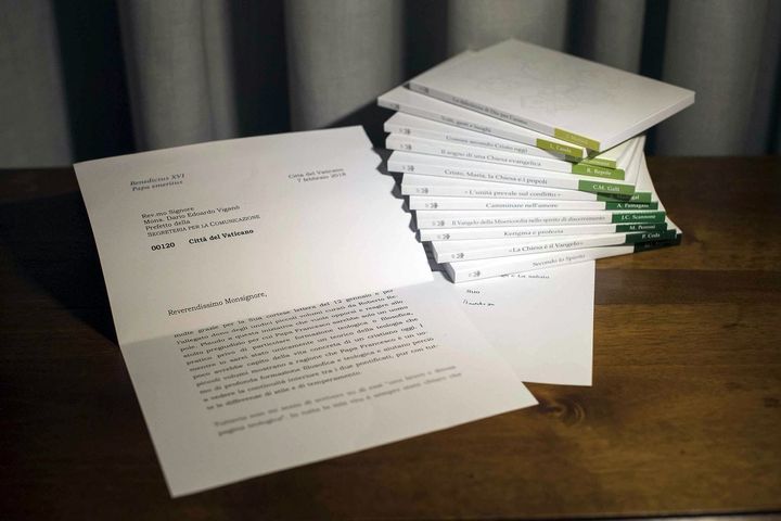 A Vatican media handout shows a letter from retired Pope Benedict XVI.
