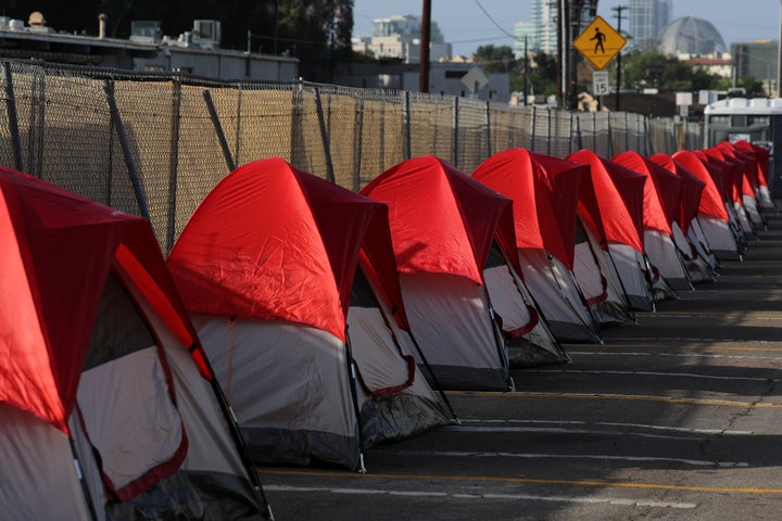 Rows of tents are readied in October 2017 as San Diego opens a transitional camp for homeless people following a hepatitis A outbreak.