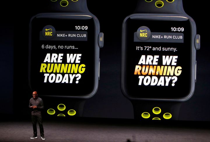 Edwards, seen above discussing the Apple Watch with Nike+ in San Francisco in September 2016, is credited with leading the brand’s push into fitness tracking