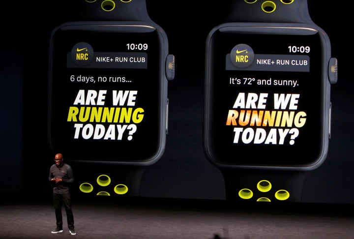 <strong>Edwards, seen above discussing the Apple Watch with Nike+ in San Francisco in September 2016, is credited with leading the brand’s push into fitness tracking</strong>