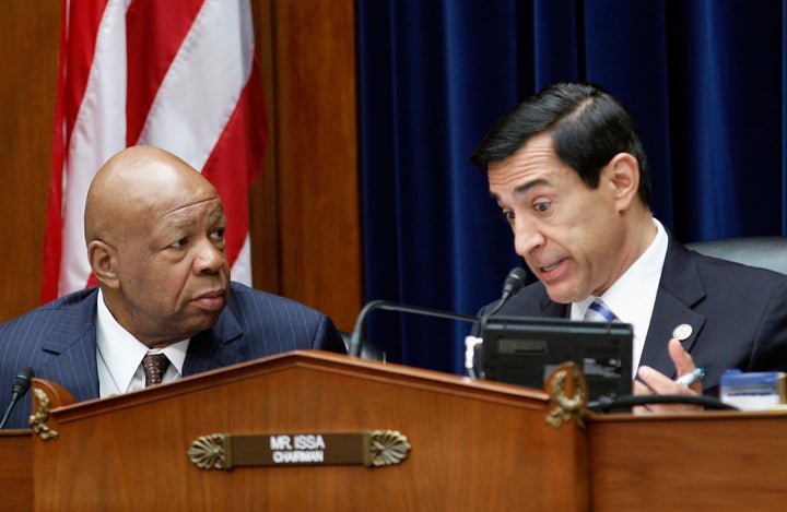 Former chairman of the House Oversight and Government Reform Committee Darrell Issa (R-Calif.) and Rep. Elijah Cummings (D-Md.) speak on June 20, 2012.