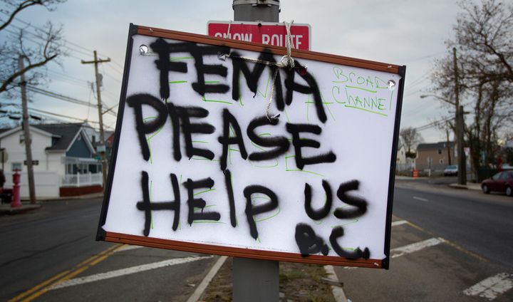 A sign asking for help from FEMA is seen in New York on Nov. 2, 2012, four days after superstorm Sandy smashed into the Northeast U.S.