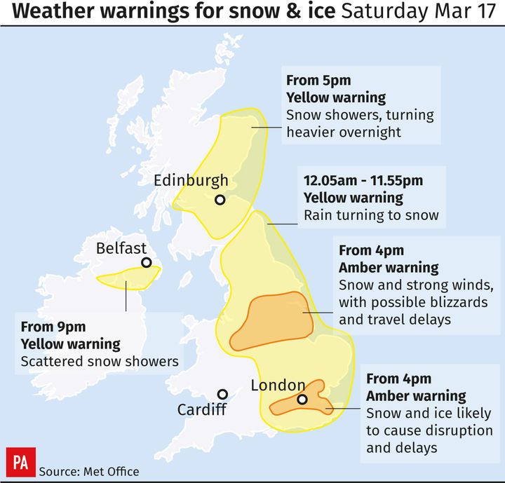 The Met Office's forecast for Saturday includes Amber weather warnings.