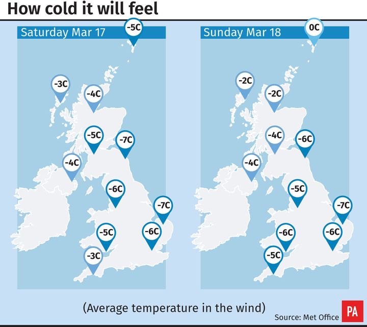 How cold it will feel across the country at the weekend