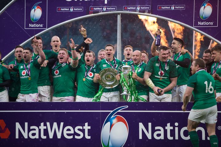 Ireland celebrate winning the Grand Slam and Six Nations Championship after defeating England at Twickenham on Saturday
