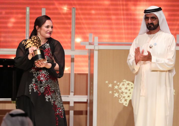 British teacher Andria Zafirakou receives the 'Global Teacher Prize' from Sheikh Mohammed bin Rashid al-Maktoum