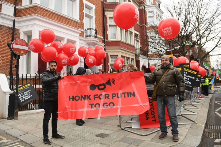 <strong>Anti-Putin protestors gathered outside of the UK's Russian embassy in Notting Hill today </strong>