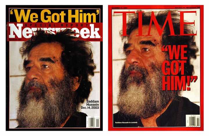 This December 15, 2003 combo photo shows the latest covers of Newsweek and Time magazines, both featuring former Iraqi leader Saddam Hussein after U.S. forces captured him in Tikrit.