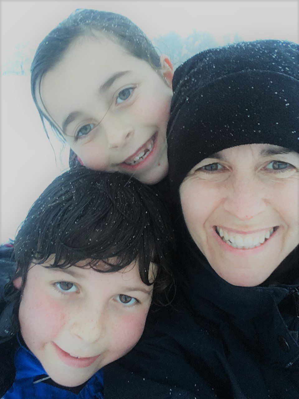 Justine Lee and her two kids, aged nine and 11. 