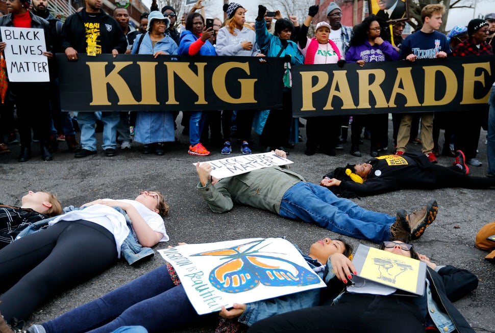 Supporters of the Black Lives Matter movement stage a 'die-in' outside the National Civil Rights Museum on Jan. 16, 2017 in M