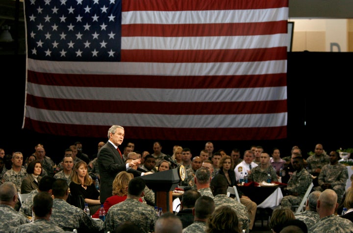 President George W. Bush speaks to U.S. troops and their families after having lunch with them Jan. 11, 2007, at Fort Benning, Georgia. 