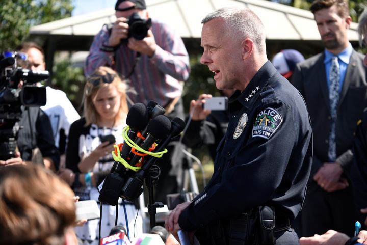 Austin Police Chief Brian Manley speaks during a news conference near the scene where a woman was injured by a package bomb on March 12. Manley told reporters that there are similarities in the four devices that exploded.