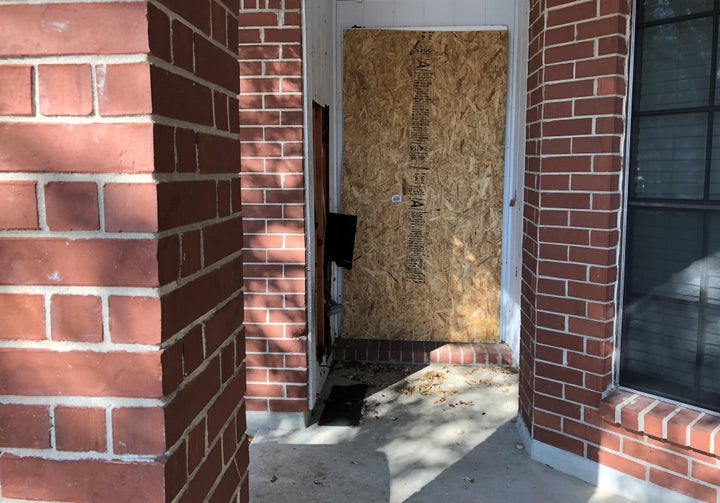 The doorway of a home that was hit with a fatal parcel bomb on March 2.