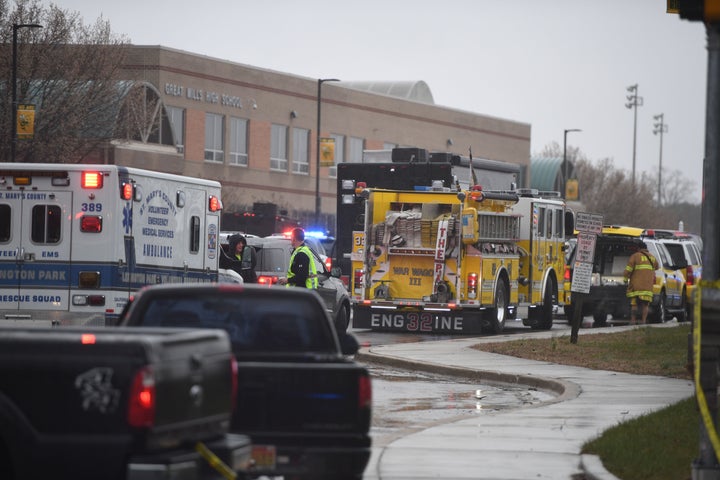 Emergency responders are seen on March 20, 2018 at Great Mills High School in Great Mills, Maryland, after a shooting at the