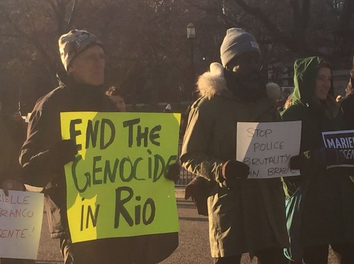 In Washington, as in Rio and across Brazil, protesters called for an end to Brazil's "black genocide" -- a reference to the disproportionate number of black Brazilians killed in homicides, including those committed by police. 