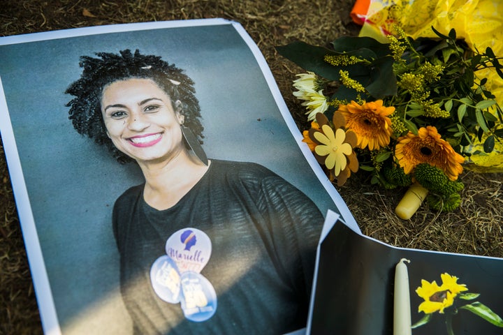 Marielle Franco's picture at a makeshift memorial during a protest in Berlin, Germany. Franco was murdered on March 14, as she left an event in Rio de Janeiro.