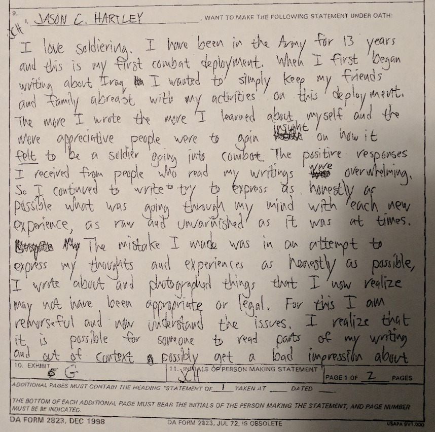 Jason Hartley wrote a sworn statement saying he was “remorseful” for some of the things he wrote.