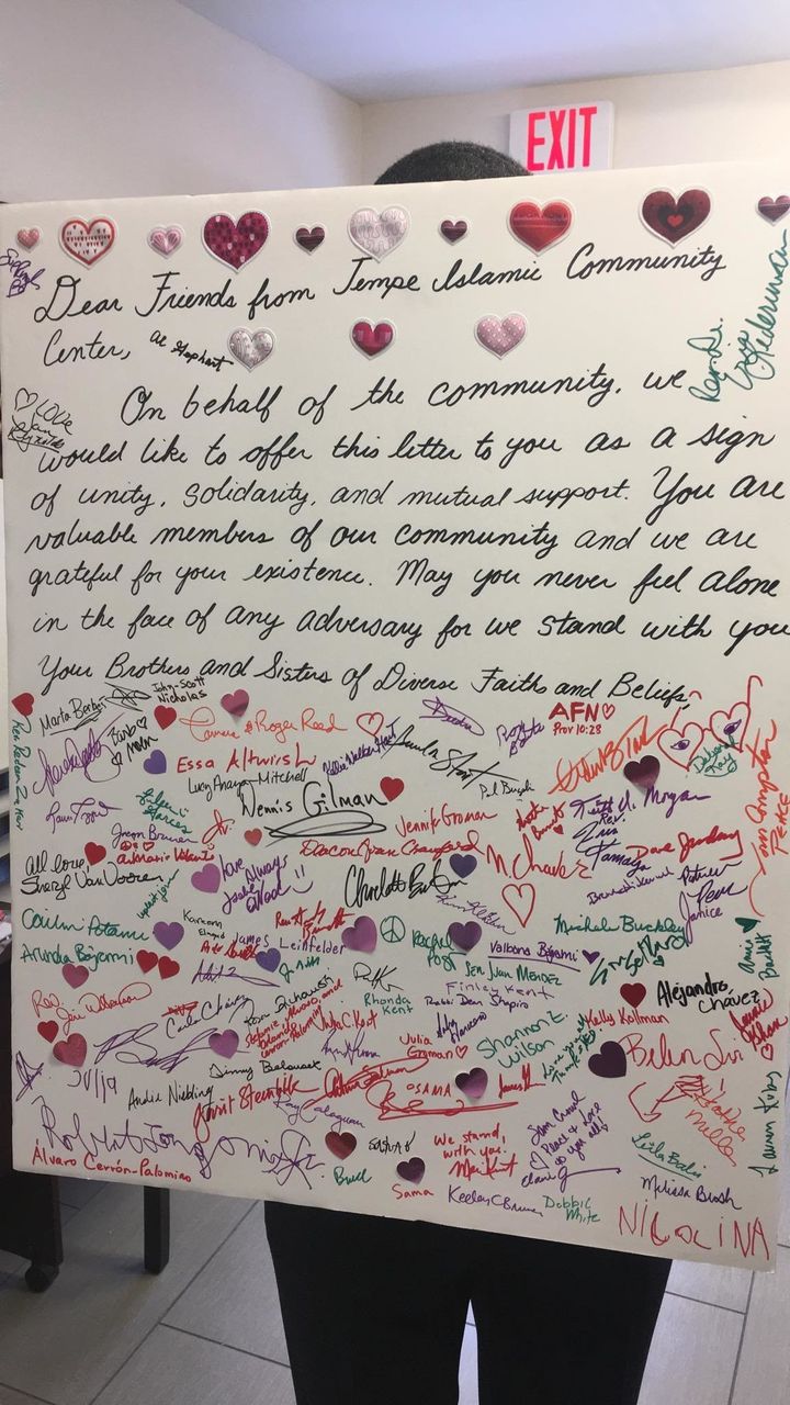 A letter signed by attendees of an interfaith "Love and Coffee" event at the Islamic Community Center of Tempe.