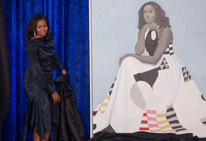 Michelle Obama unveils her official portrait at the Smithsonian's National Portrait Gallery in Washington. It has drawn such big crowds that the gallery has moved it to a more spacious location.