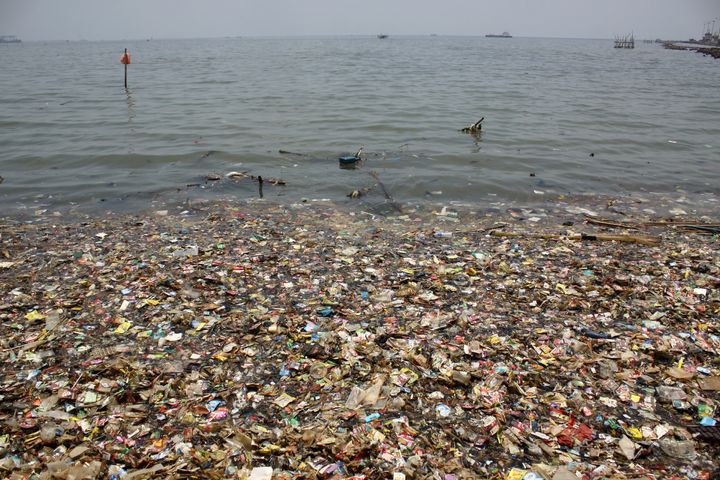 Plastic waste is seen on the north coast of Jakarta on Thursday, March 15, 2018.