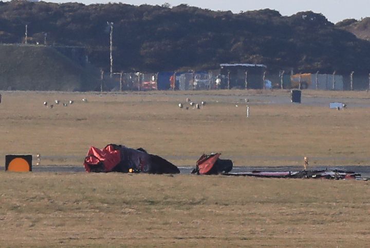 Wreckage after a Red Arrows jet crashed at RAF Valley in north Wales.