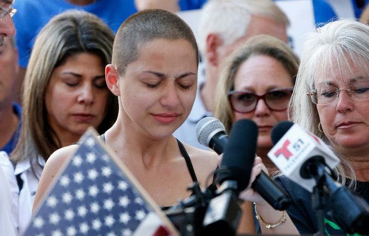 Marjory Stoneman Douglas High School student Emma Gonzalez speaks at a rally for gun control at the Broward County Federal Courthouse in Fort Lauderdale, Florida, on Feb. 17.