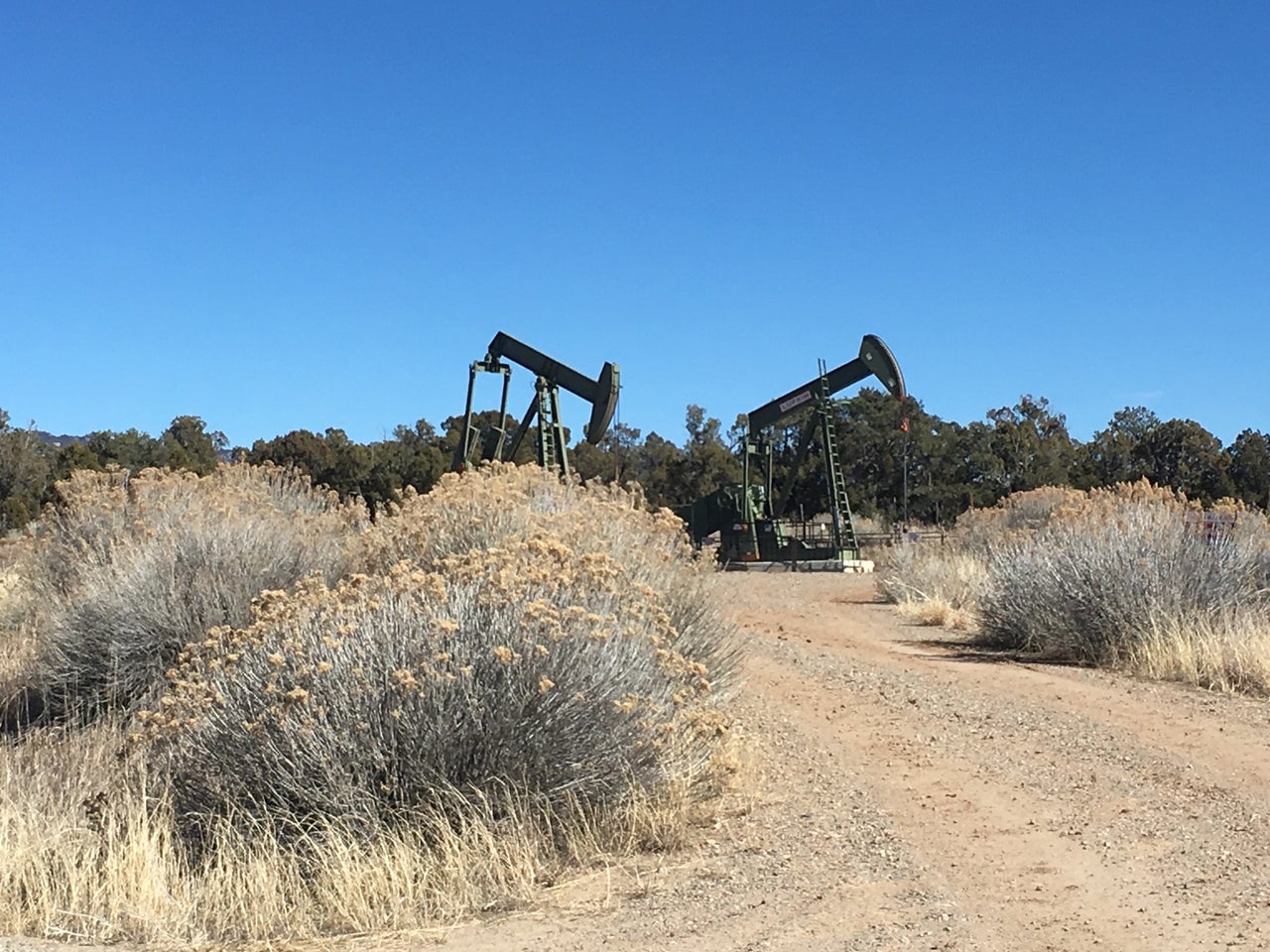 Two pumpjacks in rural La Plata County.